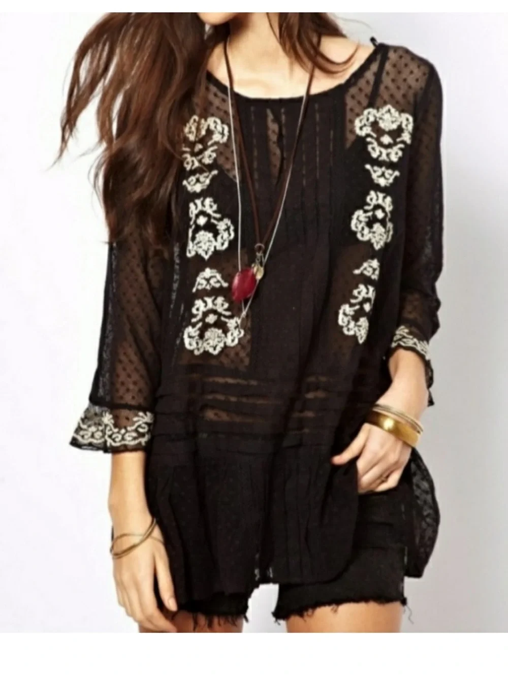 FREE PEOPLE Black Jocelyn Pleated Dot Ruffle lace Tunic Size S